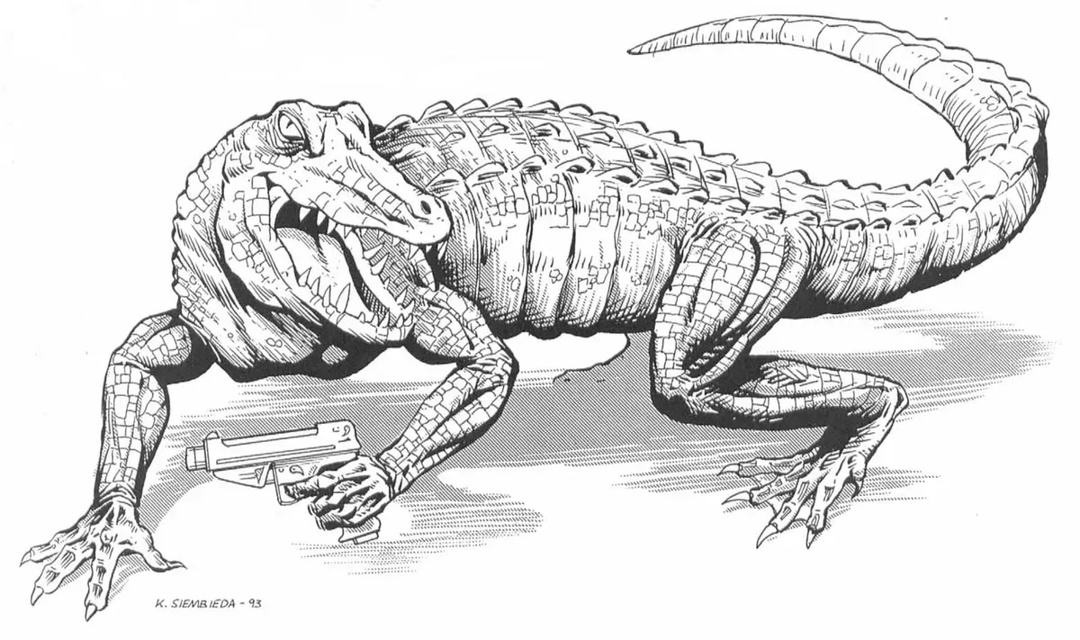 A crocodile wielding a handgun.